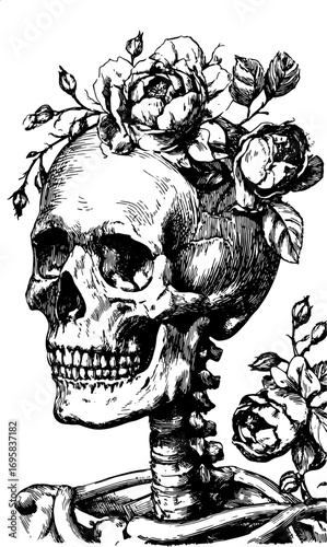 Skull with flowers in detailed black and white vector illustration. Vintage line art with botanical and gothic elements.