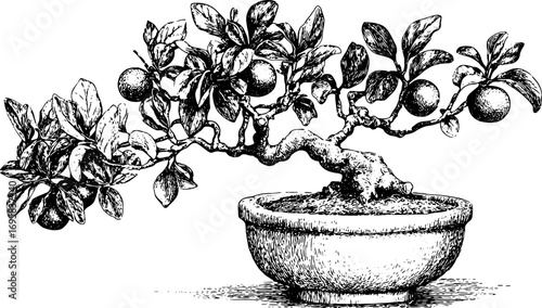 Bonsai tree in vintage outline drawing style. Black and white vector illustration features detailed leaves and fruit presented in a simple pot.