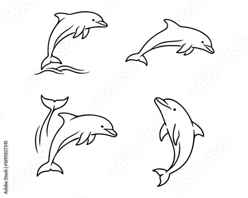 Set of dolphin icons displayed on a white background. Each black outline depicts a dolphin