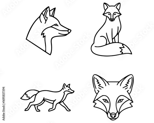 Set of four fox icons in a minimalist line art style. The top left shows a fox head in profile