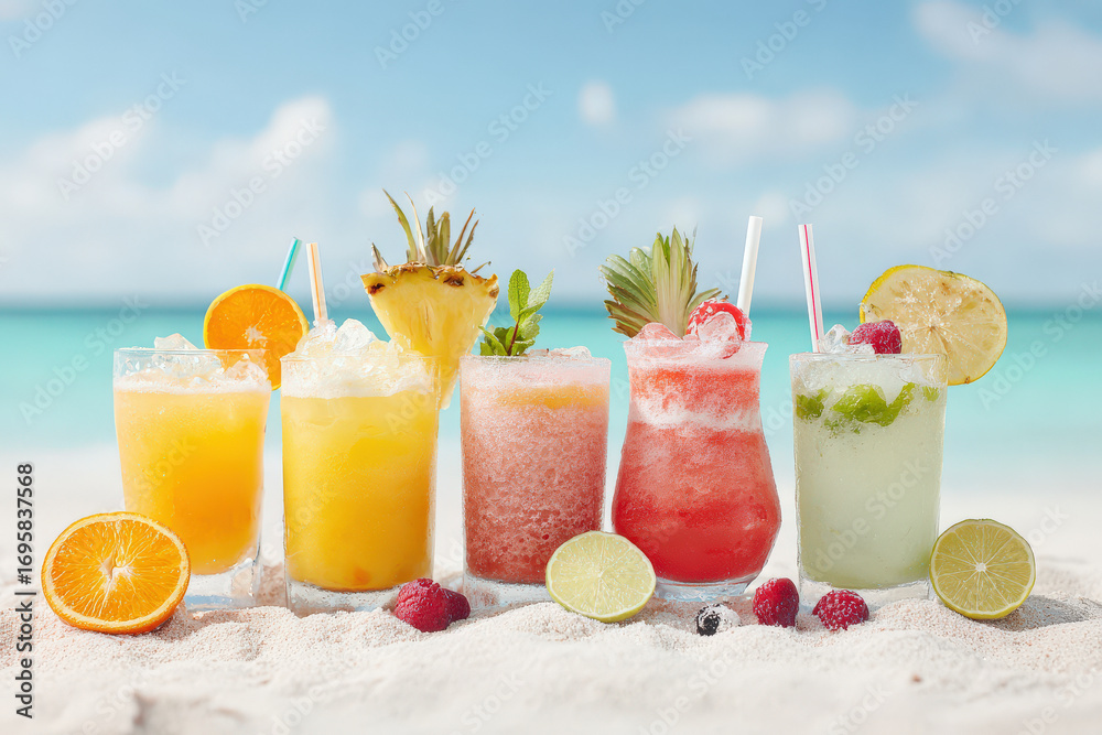 Fototapeta premium refreshing array of colorful cocktails and lemonades featuring exotic fruits and ice served on sunny beach