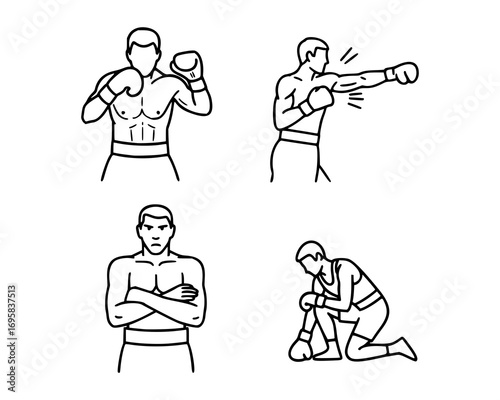 Four black-and-white line drawings depict male boxers in different poses. The first shows