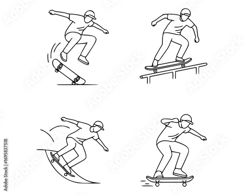 Set of four line drawings depicting skateboarders in various maneuvers. Each figure performs a distinct trick