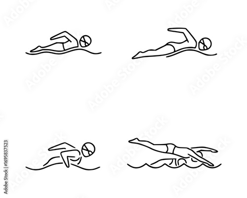 Four swimmer icons in black outlines on a white background. Each icon depicts a different swimming stroke