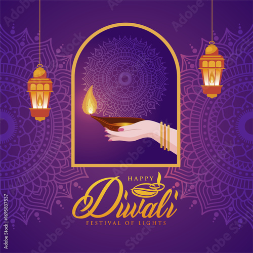 Beautiful Happy Diwali 2025 with Hand Holding Diya and Lanterns in the Purple Glowing Room. Vector Illustration