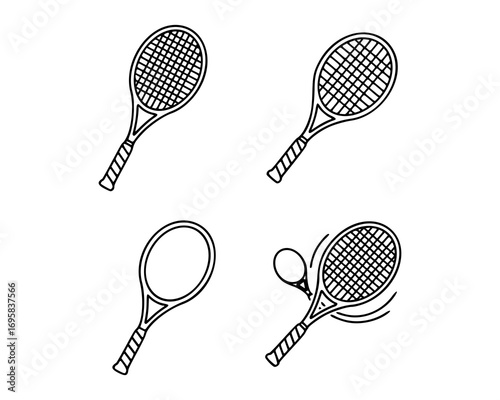 Set of four black and white tennis racket icons. Each racket features a distinctive style, 