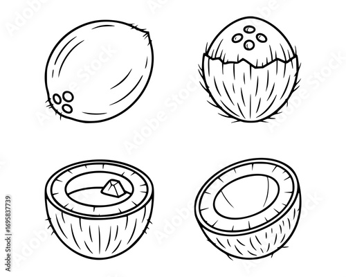 Illustration featuring four coconut icons in black and white. Top left shows a whole coconut
