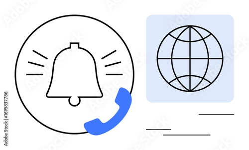 Bell alert with a phone receiver highlighting notifications, accompanied by a globe icon symbolizing global connectivity. Ideal for communication, notification, alerting users, mobility, global