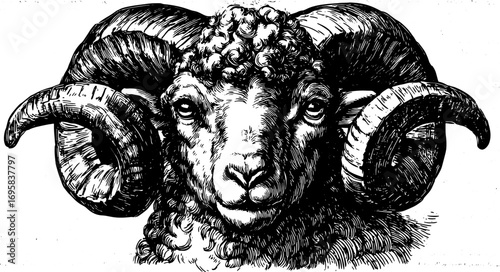 Black and white illustration of a sheep's head. The detailed outline drawing presents a vintage animal vector for artistic use.