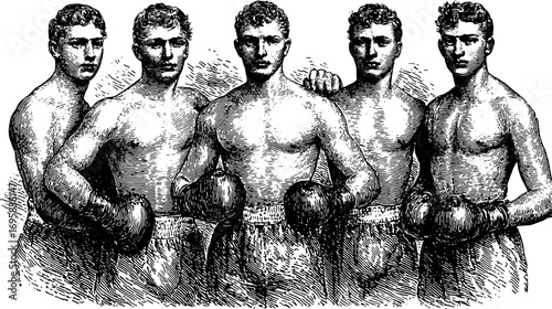 Boxer set of men with gloves in vintage engraving style. Black and white vector illustration with detailed athletes.