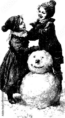 Children building a snowman in a vintage illustration. Black and white outline drawing captures a joyful winter moment, set in vector style.
