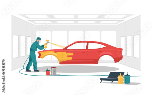 Automotive Refinishing: Car Body Repair and Painting Process Inside Paint Booth with Professional Equipment for Achieving a Flawless Finish and Enhanced Durability