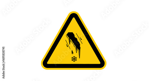 Cautionary yellow triangle sign warns of icy conditions and slippery surfaces ahead