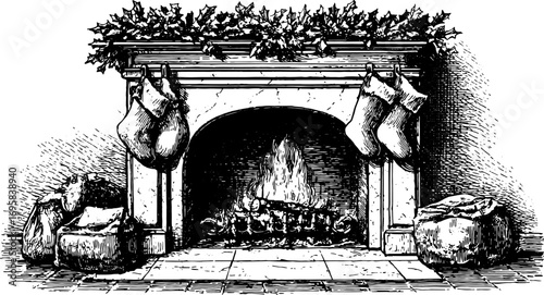 Vintage fireplace with stockings and logs. Black and white vector illustration featuring a cozy holiday decor set.