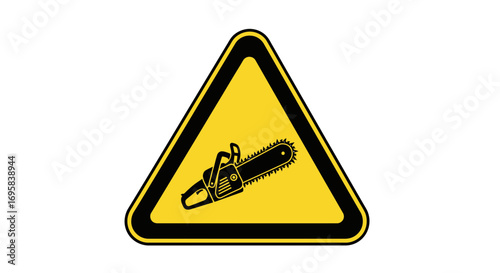 Cautionary warning sign featuring a stark black chainsaw icon within a bright yellow triangle