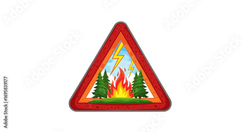 Warning sign alert for wildfire danger with lightning striking trees causing intense flames igniting forest