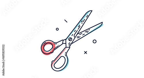 Sharp open scissors with red handles and teal blades floating on a white background with abstract shapes