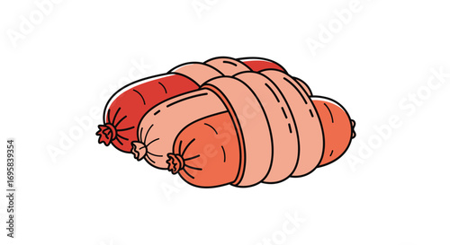 A pile of linked sausages in various shades of pink and red