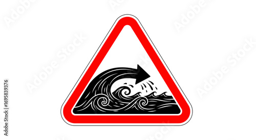 Warning sign warns of dangerous waves and potential flooding impacting coastal areas and maritime safety