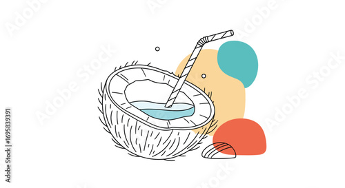 Refreshing tropical coconut water drink with a straw in a stylized line art illustration