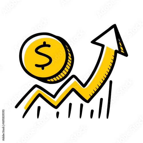 Doodle of a gold coin and an upward trending graph