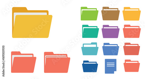 Collection of colorful flat design document folder icons representing organization and data storage solutions