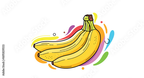 Bunch of yellow bananas with colorful splashes of paint behind them