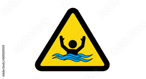 Warning sign alerts to danger, person drowning in water, attention symbol
