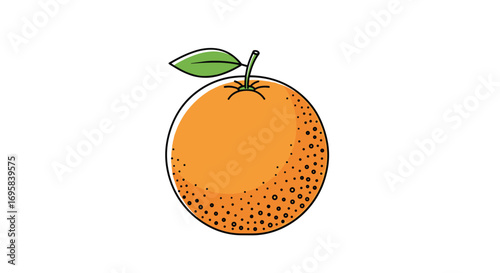 A whole fresh orange with a stem and a single green leaf on a white background