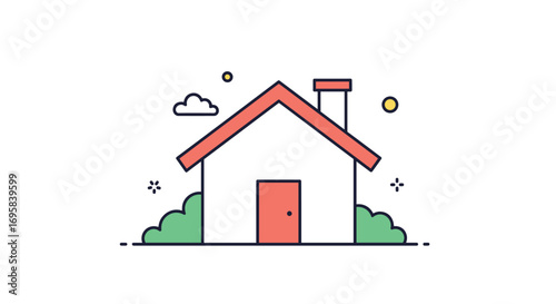 Charming minimalist house illustration with lush greenery and sunny sky