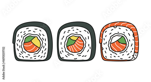 Delicious fresh salmon sushi rolls with avocado and cucumber a popular japanese dish