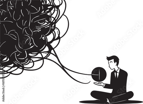 Stress management vector: businessman meditating to calm anxiety and overthinking eps silhouette