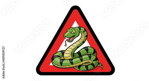 Warning sign features coiled green snake with fangs bared, signaling danger to viewers