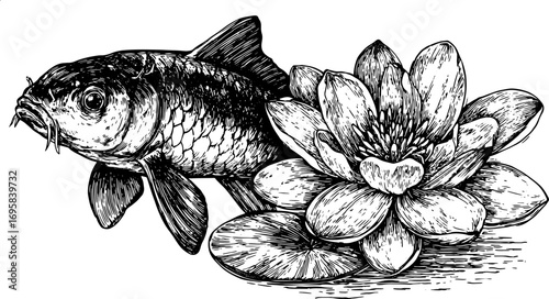 Koi fish with a waterlily in black and white outline style. A vintage vector illustration showcasing detailed aquatic elements.