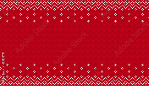 Xmas print border. Christmas geometrical knitted ornament. Red and white seamless pattern. Fair isle traditional holiday background. Festive sweater. Vector illustration.