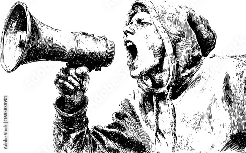 Person in a hoodie shouting into a megaphone. Black and white ink sketch vector illustration with bold graphic lines.