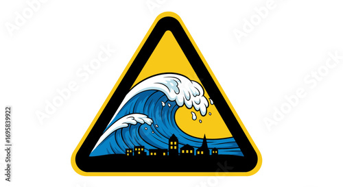 Massive tidal wave engulfs coastal town under storm warning sign, disaster alert symbol