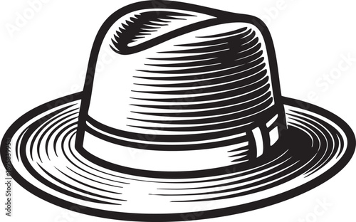 Vector fedora hat illustration, black and white gangster hat graphic eps silhouette