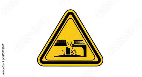 Warning sign depicting a collapsing bridge over water, signaling danger and structural failure