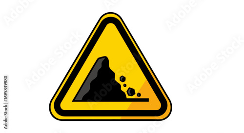 Warning sign alerts to falling rocks danger and potential hazard on road or trail