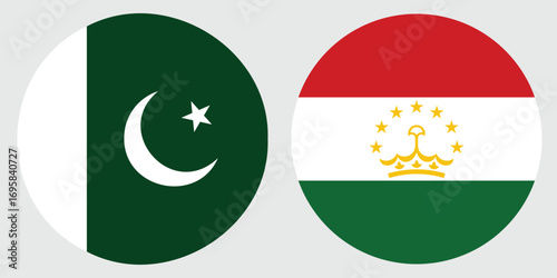 Round Flags of Tajikistan and Pakistan on Grey Background , International Unity Concept
