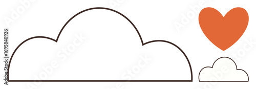 Minimalist design of large and small clouds next to a red heart. Ideal for creativity, nature, weather, emotions, love, relationships, environmental concepts. A simple flat metaphor