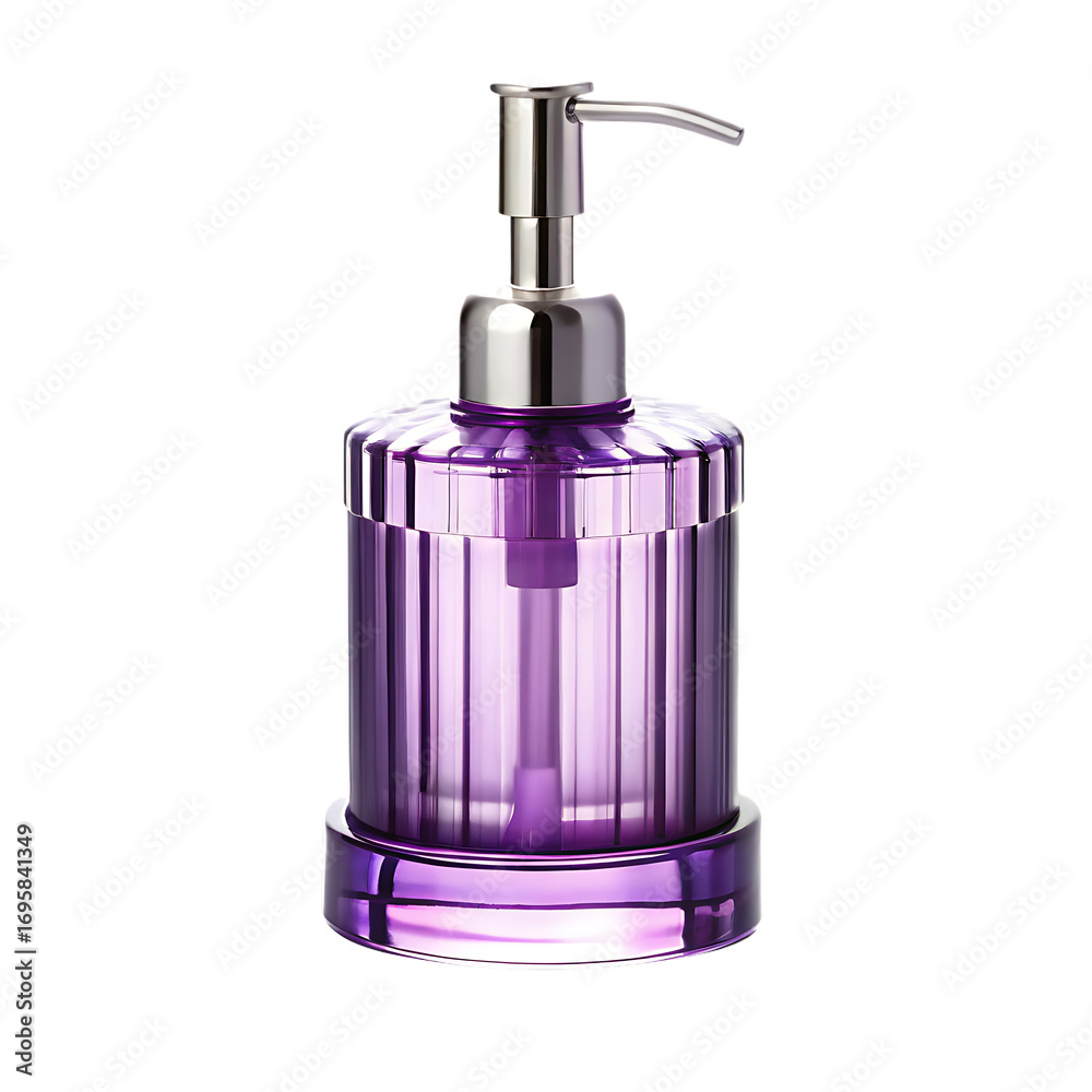 Obraz premium Purple glass soap dispenser with silver pump isolated on a transparent background