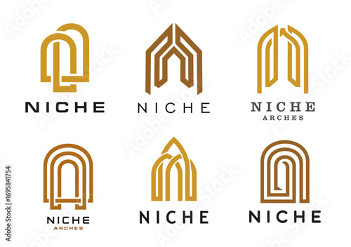 Niche arch icons of vector line window or door frames. House interior, old castle, palace or home buildings architecture symbols set with brown gold window, door, gate or entrance niche arches