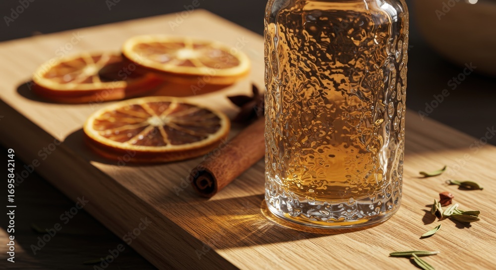 Fototapeta premium Glass Bottle with Drink Orange Slices Cinnamon on Wood.