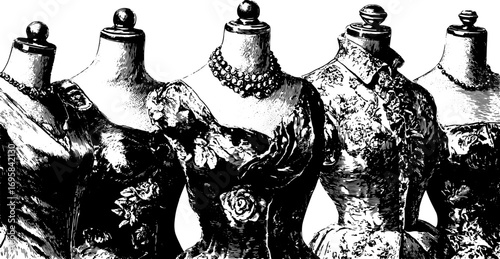 Vintage fashion mannequins with detailed dresses, floral embroidery, and necklaces. Black and white handdrawn set in vector illustration.