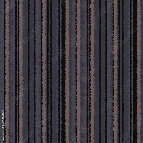 Seamless abstract vector pattern with vertical textured stripes in dark gray, black, and brown tones. Modern grunge design for fabric, wallpaper, and wrapping paper