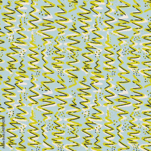 Seamless abstract vector pattern with hand drawn zigzag lines, brush strokes and dots in lime green, cream and black on soft blue. Template for trendy textiles and wallpapers
