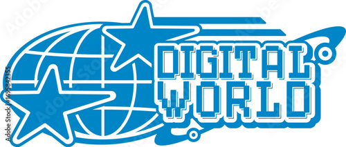 Digital world globe vintage Y2K icon or emblem. Tech company globe vintage vector emblem, worldwide business sign. Globus sphere Y2K icon or symbol with pixelated retro typography text and stars