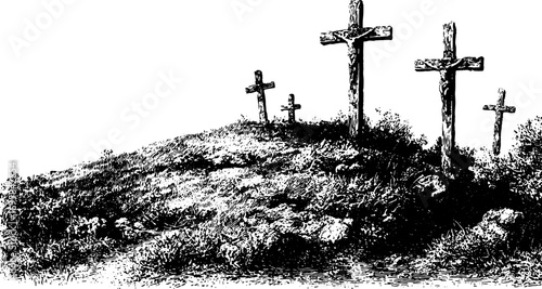 Wooden cross set on grassy hill, black and white vintage sketch. Engraved shading and texture, cemetery landscape vector illustration.